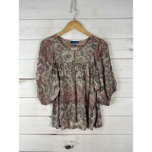 Lil Blouse Womens Small Multicolor Paisley Sheer 3/4 Balloon Sleeve Boho Tunic